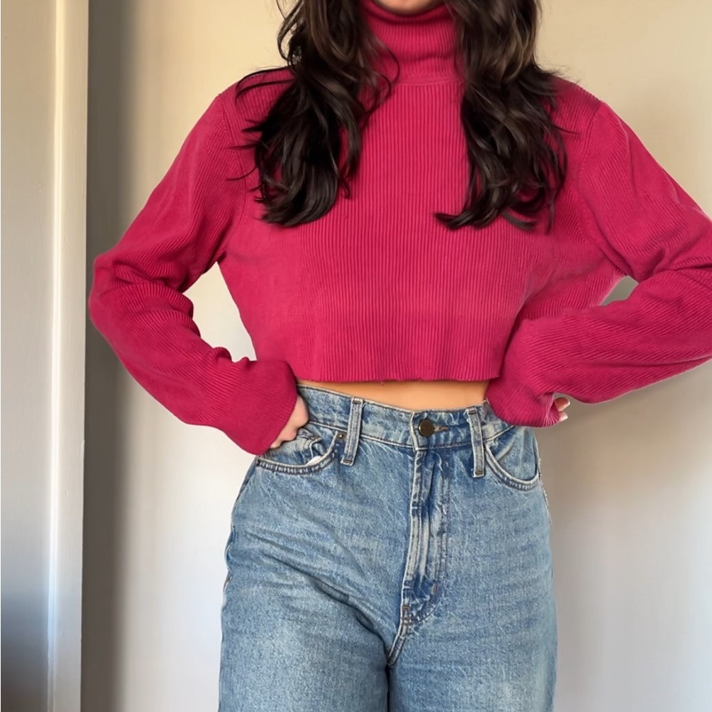 Y2K cropped crimson silk blend turtleneck sweater